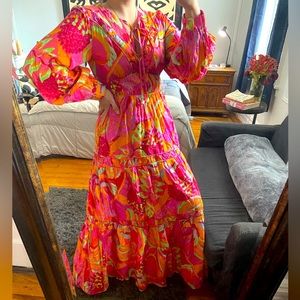 FARM Rio Pink Orange Floral Tiered Maxi Dress